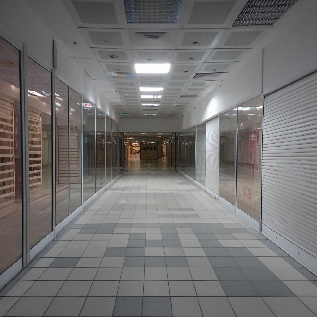 empty mall, photograph, long empty hallway with glass panes and closed store front shutters on the side