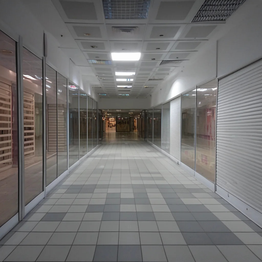 empty mall, photograph, long empty hallway with glass panes and closed store front shutters on the side