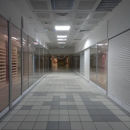empty mall, photograph, long empty hallway with glass panes and closed store front shutters on the side