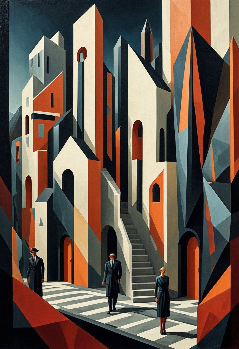 rp_slgd, A small town in a mountainous landscape, where geometric, art deco-inspired buildings contrast against highly detailed figures going about their daily lives, their faces full of quiet emotion.
dynamic elongated figures infused with bold geometric abstraction, rhythmic motion blending with structured Bauhaus-inspired design, expressive painterly textures merging into sharp angular forms, deep warm color palettes with graphic high-contrast highlights, theatrical surreal lighting and layered depth