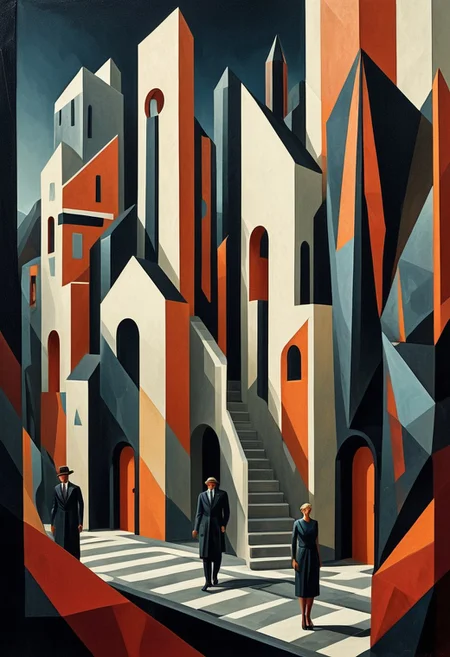 rp_slgd, A small town in a mountainous landscape, where geometric, art deco-inspired buildings contrast against highly detailed figures going about their daily lives, their faces full of quiet emotion.
dynamic elongated figures infused with bold geometric abstraction, rhythmic motion blending with structured Bauhaus-inspired design, expressive painterly textures merging into sharp angular forms, deep warm color palettes with graphic high-contrast highlights, theatrical surreal lighting and layered depth