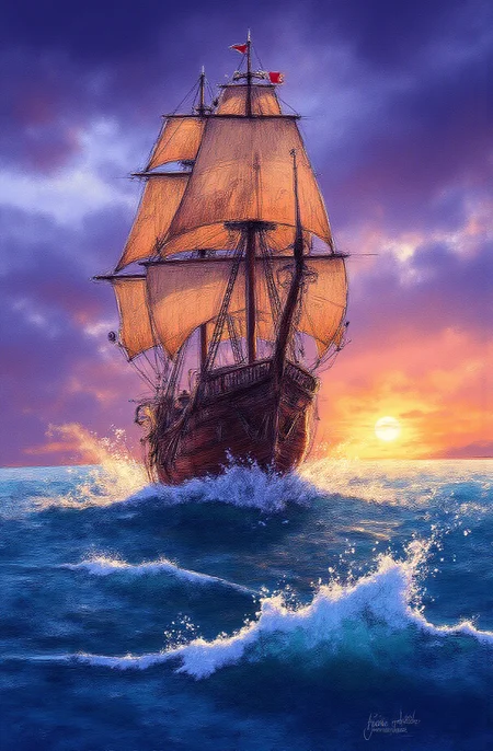 Sharp image of a rough sketch, rendered in vibrant multi colour ballpoint pen, capturing the adorable features of a digital illustration of a pirate ship sailing in the ocean. The ship is a tall ship with multiple masts and sails, and it is sailing on a turbulent wave. The sky is filled with dark clouds and the ocean is a deep blue-purple color. The sun is setting in the background, casting a warm glow on the ship and the waves. The sails are billowing in the wind and the ship appears to be in motion, with the waves crashing around it. The overall mood of the image is dramatic and dramatic.  p3nsk, <lora:p3nsk:1>