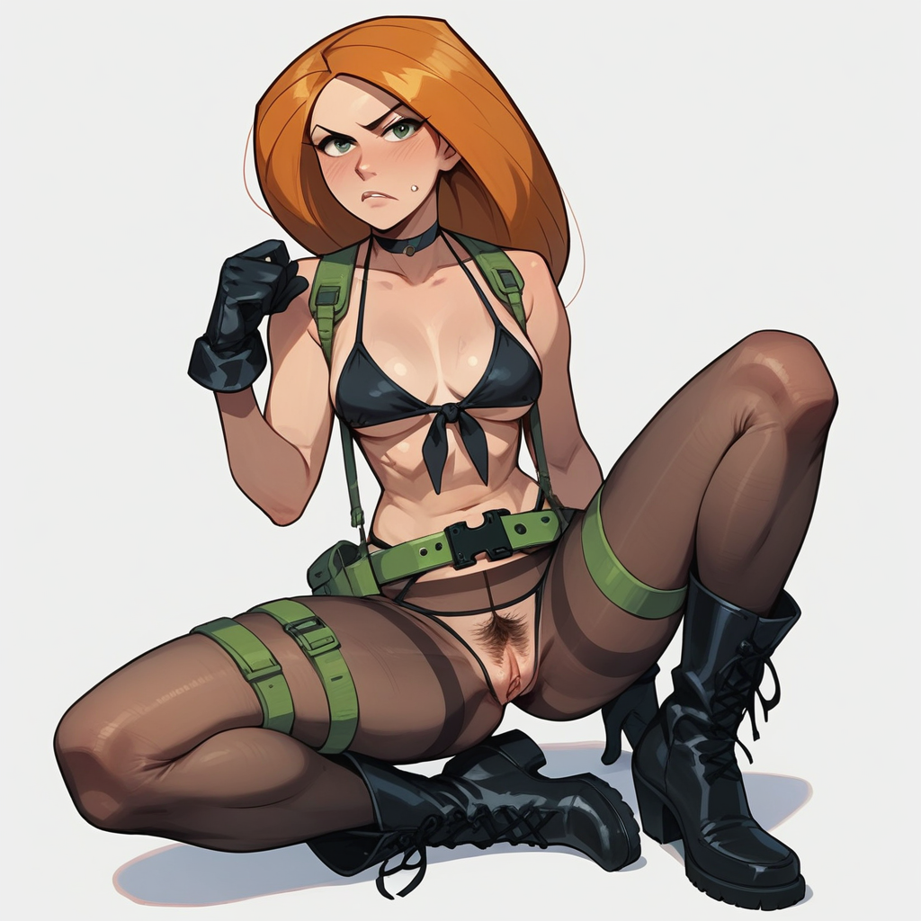 ource_anime, score_9,score_8_up, score_7_up,score_6_up, anime style,  BREAK, (Kim Possible), quietcosplayXL, bikini, black choker, front-tie_bikini_top, gloves, (lowleg_pantyhose), uncensored pussy, fishnet_panties, pantyhose, see-through, black bikini, thigh_strap, green_belt, boots, quiet_(metal_gear)_(cosplay), cosplay, female pubic hair. pubic hair peek,