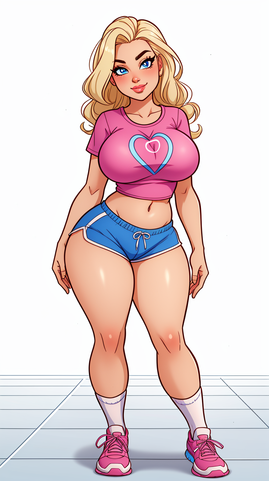 high detailed, masterpiece <lora:p3r3zstyle_v3:0.8> full body image of 1girl cartoon character, posing sexy, subtle smile, pouting, full lips, blonde hair, wavy hair, blue eyes, perfect hands, big breast, wide hips, thick thighs, pink tshirt, crop top, blue shorts, sport socks, sport shoes, simple scene, white background, white wall, shinny floor, white floor