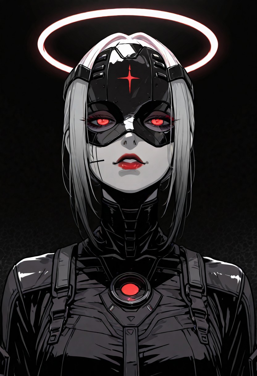 masterpiece, best quality,high quality, newest, highres,absurdres, androgynous figure against a solid black background. The subject is adorned in a futuristic, geometric costume with bold color combinations. The costume is primarily composed of horizontal black and white stripes, which create a stark contrast against the figure's pale skin. The headpiece is a large, circular shape with a gradient from red at the outer edge to white at the center, resembling a halo. The figure's face is painted in a dramatic, almost mask-like style, with a white base and striking red lips. The makeup around the red glowing eyes is heavily accentuated, giving a bold, almost exaggerated appearance. The overall aesthetic is minimalistic yet highly impactful, with a focus on clean lines and bold color contrasts. The image's lighting is carefully controlled, casting subtle shadows that accentuate the contours of the costume and the figure's features. The texture of the costume appears smooth and glossy, enhancing the futuristic and otherworldly feel of the artwork. The composition is symmetrical, with the figure centered and the headpiece extending beyond the frame, drawing the viewer's attention to the central subject. white sphere on the background, dark_theme,soft lighting
