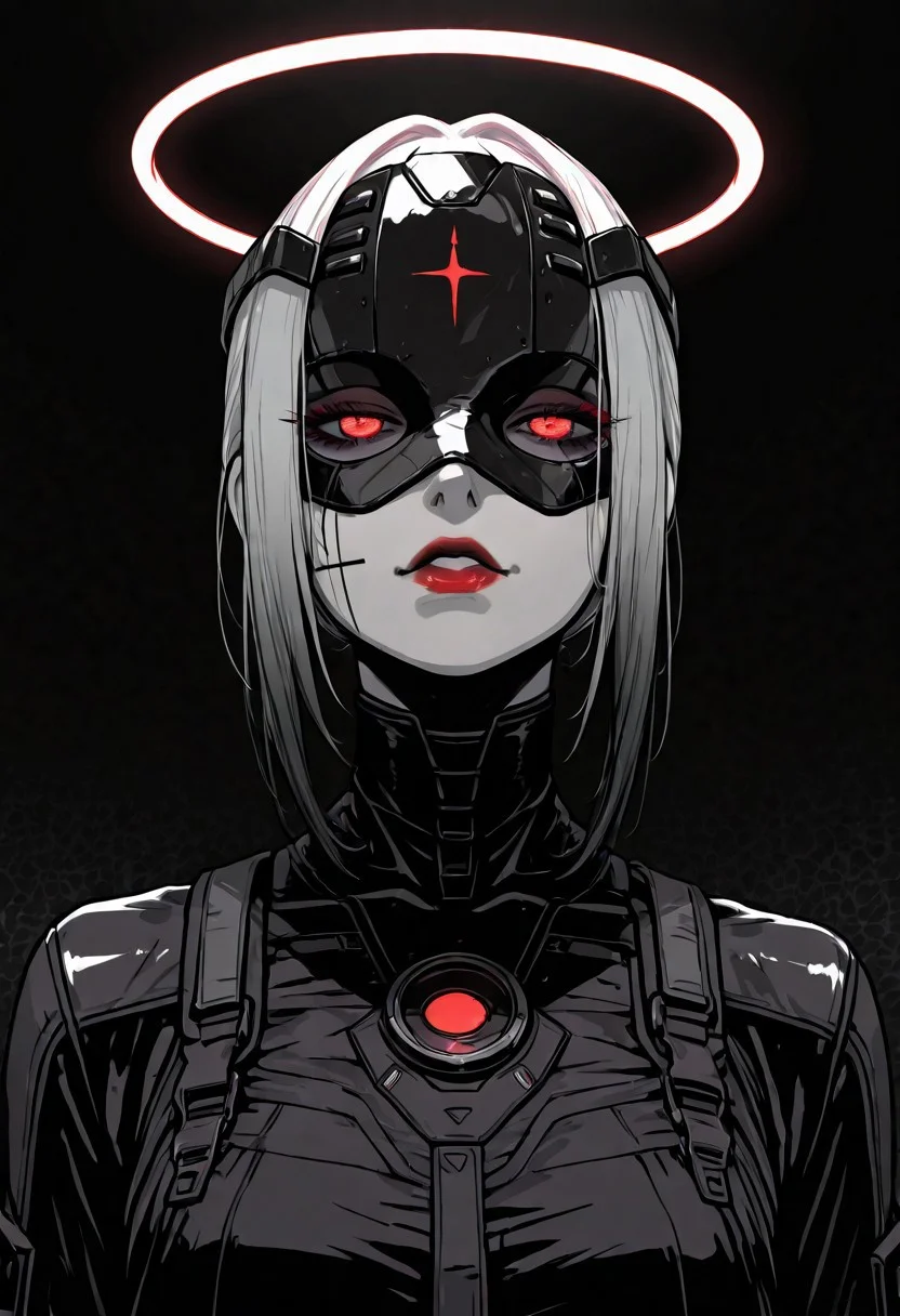 masterpiece, best quality,high quality, newest, highres,absurdres, androgynous figure against a solid black background. The subject is adorned in a futuristic, geometric costume with bold color combinations. The costume is primarily composed of horizontal black and white stripes, which create a stark contrast against the figure's pale skin. The headpiece is a large, circular shape with a gradient from red at the outer edge to white at the center, resembling a halo. The figure's face is painted in a dramatic, almost mask-like style, with a white base and striking red lips. The makeup around the red glowing eyes is heavily accentuated, giving a bold, almost exaggerated appearance. The overall aesthetic is minimalistic yet highly impactful, with a focus on clean lines and bold color contrasts. The image's lighting is carefully controlled, casting subtle shadows that accentuate the contours of the costume and the figure's features. The texture of the costume appears smooth and glossy, enhancing the futuristic and otherworldly feel of the artwork. The composition is symmetrical, with the figure centered and the headpiece extending beyond the frame, drawing the viewer's attention to the central subject. white sphere on the background, dark_theme,soft lighting
