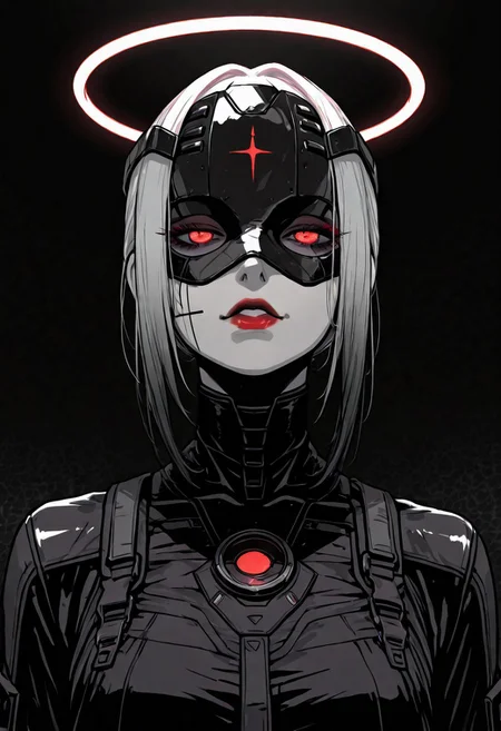 masterpiece, best quality,high quality, newest, highres,absurdres, androgynous figure against a solid black background. The subject is adorned in a futuristic, geometric costume with bold color combinations. The costume is primarily composed of horizontal black and white stripes, which create a stark contrast against the figure's pale skin. The headpiece is a large, circular shape with a gradient from red at the outer edge to white at the center, resembling a halo. The figure's face is painted in a dramatic, almost mask-like style, with a white base and striking red lips. The makeup around the red glowing eyes is heavily accentuated, giving a bold, almost exaggerated appearance. The overall aesthetic is minimalistic yet highly impactful, with a focus on clean lines and bold color contrasts. The image's lighting is carefully controlled, casting subtle shadows that accentuate the contours of the costume and the figure's features. The texture of the costume appears smooth and glossy, enhancing the futuristic and otherworldly feel of the artwork. The composition is symmetrical, with the figure centered and the headpiece extending beyond the frame, drawing the viewer's attention to the central subject. white sphere on the background, dark_theme,soft lighting
