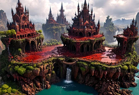 various floating islands with ghothic medieval CITY MADE OF blood and tar with ghothic constructions, river of blood falling in waterfalls across the island to the ground ,towers, spires, zigurats, flying blood creatures,bridges linking everything , intricate, ultra detailed, photorealistic, vibrante colors, colorful, trending on artstation, 4 k, 8 k