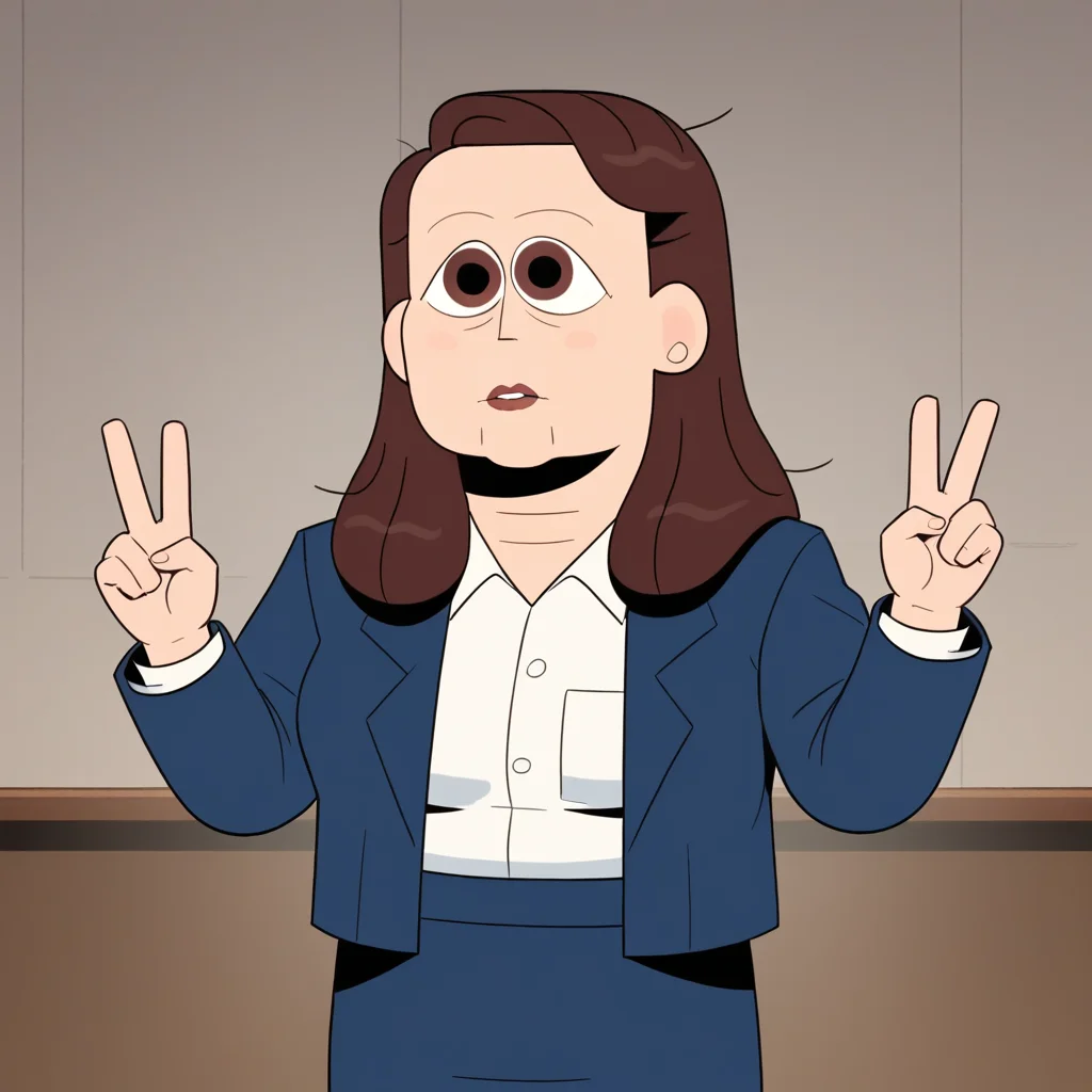 score_9_up, score_8_up, BREAK, CarolKohl, 1girl, solo, brown hair, long hair, brown eyes, white shirt, blue suit, formal, blue skirt, cowboy shot, double v, <lora:CarolKohl_PXL_Leaf1:1>