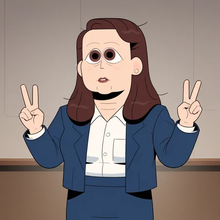 score_9_up, score_8_up, BREAK, CarolKohl, 1girl, solo, brown hair, long hair, brown eyes, white shirt, blue suit, formal, blue skirt, cowboy shot, double v, <lora:CarolKohl_PXL_Leaf1:1>