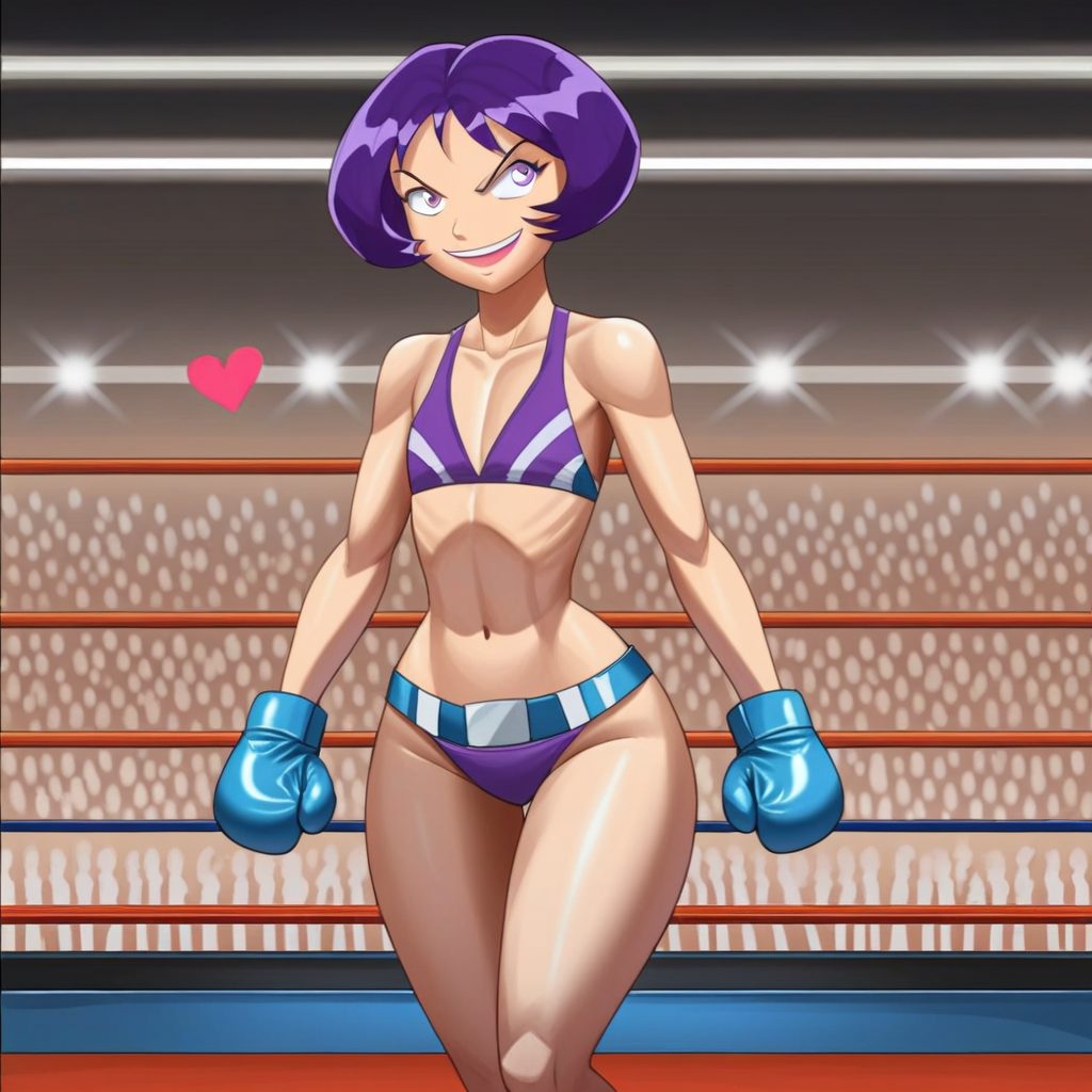 score_9, score_8_up, score_7_up, score_6_up, score_5_up, score_4_up, BREAK, madison_ts, purple hair, short hair, bangs, purple eyes, purple eyebrows, pink lipstick, makeup, large breast, mature female, flat chest, wide hips, narrow waist, amazonian body, 18 years old, 1girl, solo, wearing purple boxing gloves, boxing arena, boxing ring, full body, wearing purple bikini, navel, smile, open mouth, detailed background, crowd, pose, victory celebration, championship belt, washington d.c., stadium, detailed background, anime, source_anime, 2000's style <lora:Madison_Totally_Spies:0.8>