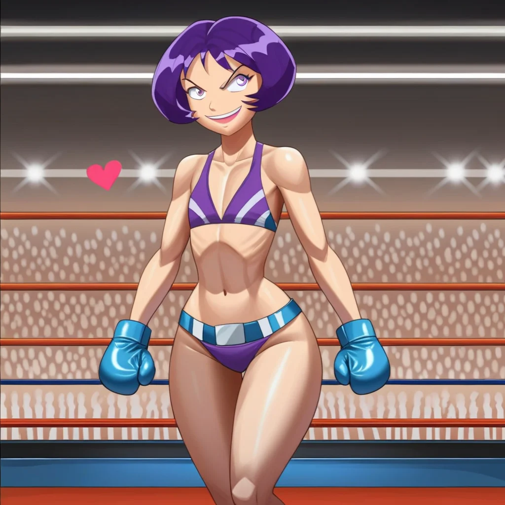 score_9, score_8_up, score_7_up, score_6_up, score_5_up, score_4_up, BREAK, madison_ts, purple hair, short hair, bangs, purple eyes, purple eyebrows, pink lipstick, makeup, large breast, mature female, flat chest, wide hips, narrow waist, amazonian body, 18 years old, 1girl, solo, wearing purple boxing gloves, boxing arena, boxing ring, full body, wearing purple bikini, navel, smile, open mouth, detailed background, crowd, pose, victory celebration, championship belt, washington d.c., stadium, detailed background, anime, source_anime, 2000's style <lora:Madison_Totally_Spies:0.8>