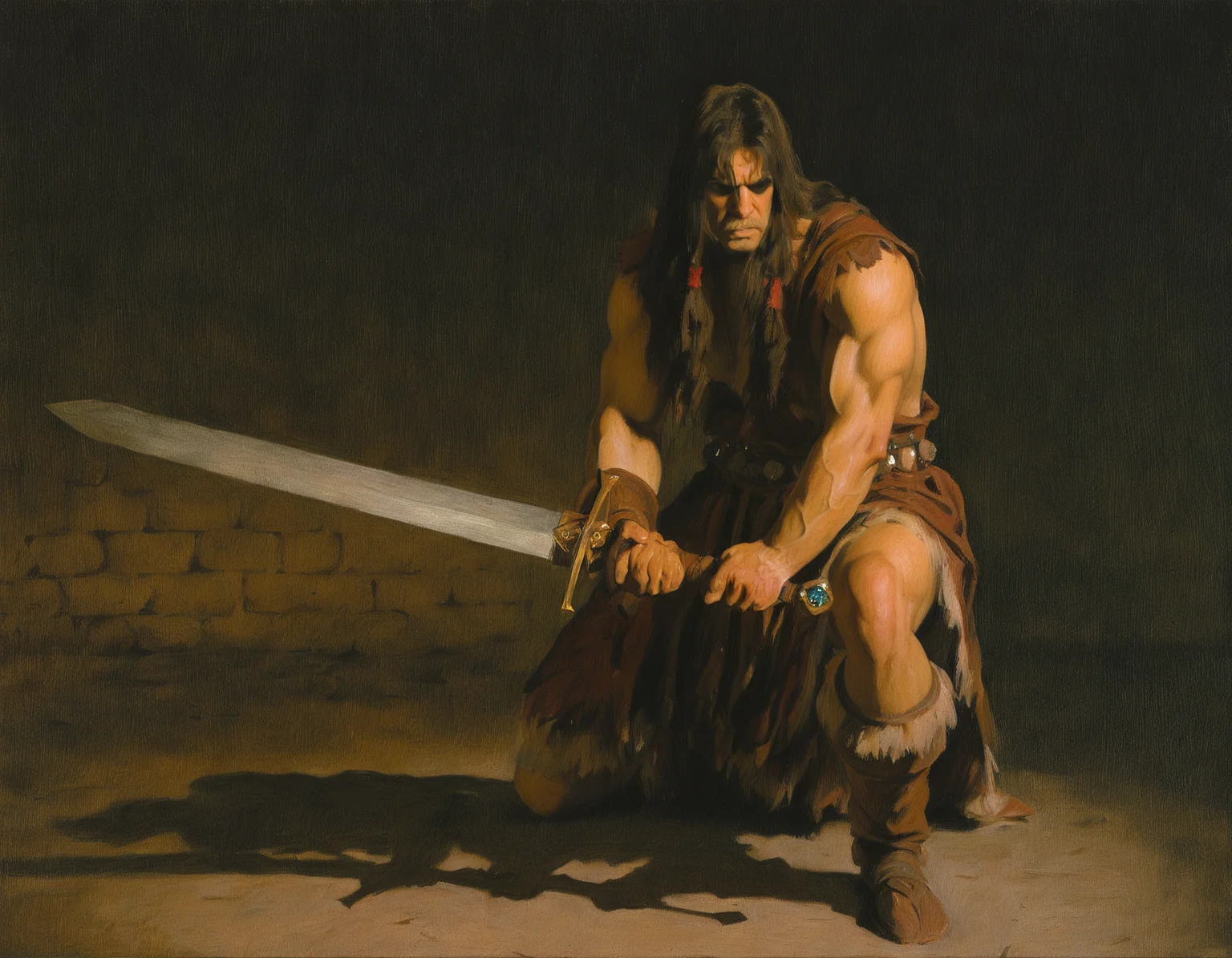 artist: sargent, painting \(medium\), highly detailed, best quality, traditional media, very aesthetic, gradient background, realistic,
1boy, conan the barbarian, muscular male, long hair, holding sword, two-handed sword, holding weapon, large sword, grip, dungeon, veiny hands, shaded face, stoic, shadow,
<lora:John Sargent Illustrious 0.1-step00000630:0.8>