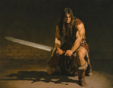 artist: sargent, painting \(medium\), highly detailed, best quality,  traditional media, very aesthetic, gradient background, realistic, 
1boy, conan the barbarian, muscular male, long hair, holding sword, two-handed sword, holding weapon, large sword,  grip, dungeon, veiny hands, shaded face, stoic, shadow, 
 <lora:John Sargent Illustrious 0.1-step00000630:0.8>
