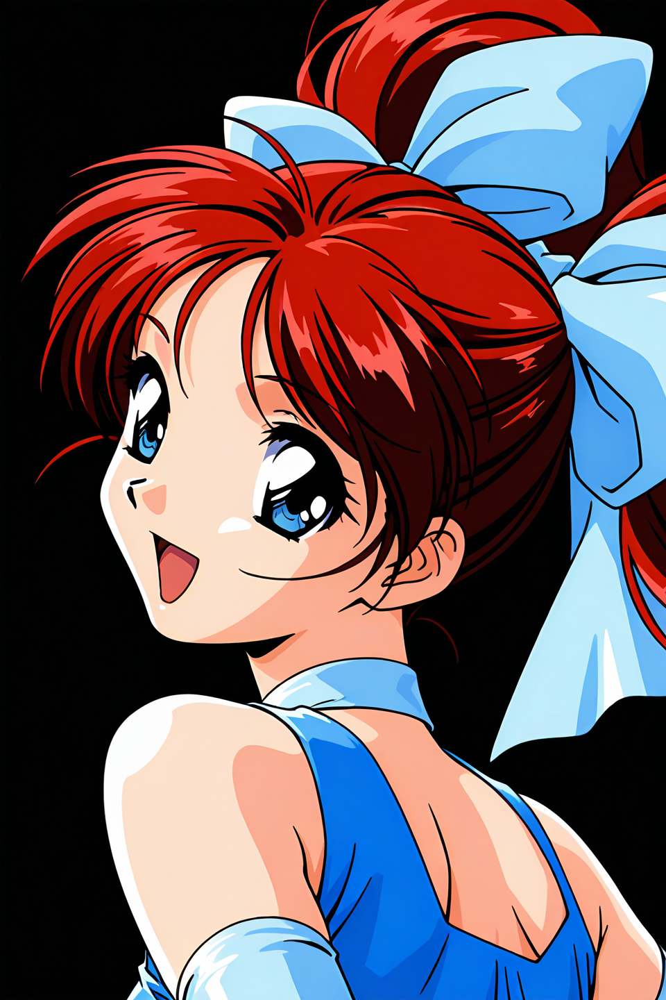 masterpiece, best quality, absurdres, official art, official style, general BREAK,
<lora:janjans1-hina_IL2_v1:0.7>, kawahara hina, 1girl, solo, red hair, blue eyes, parted bangs, short hair, short twintails, hair ribbon, shiny hair, retro artstyle, 1990s \(style\), anime coloring, flat chest, small breasts, elbow gloves, open mouth, smile, blue dress, looking at viewer, upper body, bare shoulders, :d, floating hair, looking back, sleeveless dress, blue bow, from side, portrait, close-up, looking to the side, happy, light blue glove, light blue ribbon, short dress, large bow, idol, dress bow, frilled dress, running, hall, black background, shoulder blades, shoulder strap