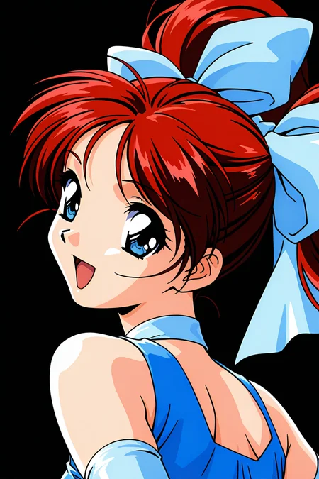 masterpiece, best quality, absurdres, official art, official style, general BREAK,
<lora:janjans1-hina_IL2_v1:0.7>, kawahara hina, 1girl, solo, red hair, blue eyes, parted bangs, short hair, short twintails, hair ribbon, shiny hair, retro artstyle, 1990s \(style\), anime coloring, flat chest, small breasts, elbow gloves, open mouth, smile, blue dress, looking at viewer, upper body, bare shoulders, :d, floating hair, looking back, sleeveless dress, blue bow, from side, portrait, close-up, looking to the side, happy, light blue glove, light blue ribbon, short dress, large bow, idol, dress bow, frilled dress, running, hall, black background, shoulder blades, shoulder strap