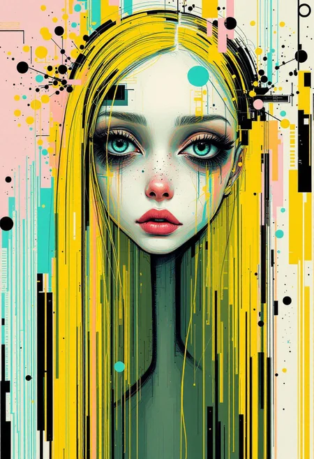 girl, skinny skinny face, long thin neck, white skin, black eyelashes, long yellow hair, pastel colors, grotesque, dadaism, abstract geometrical, cubism, detailed, ultra-sharp