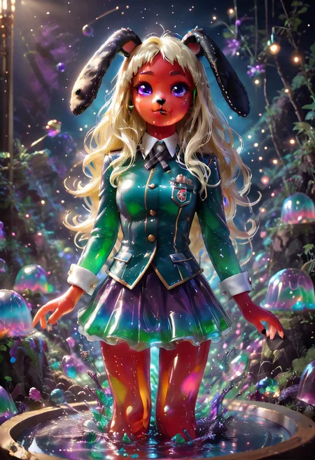 best quality, masterpiece, ultra-detailed,1 girl. jelly style, jelly girl, yomozuki runa, blonde hair, purple eyes, long hair, uniform, kigurumi, black animal ears, 
BREAK anthropomorphic , shaking legs, in heat, o-face, Sexy pose, dynamic viewing angle, cowboy shot, playful lighting,
<lora:bad_prompt_version2-neg:1> <lora:By bad artist -neg:1> <lora:Jelly_Style:1>