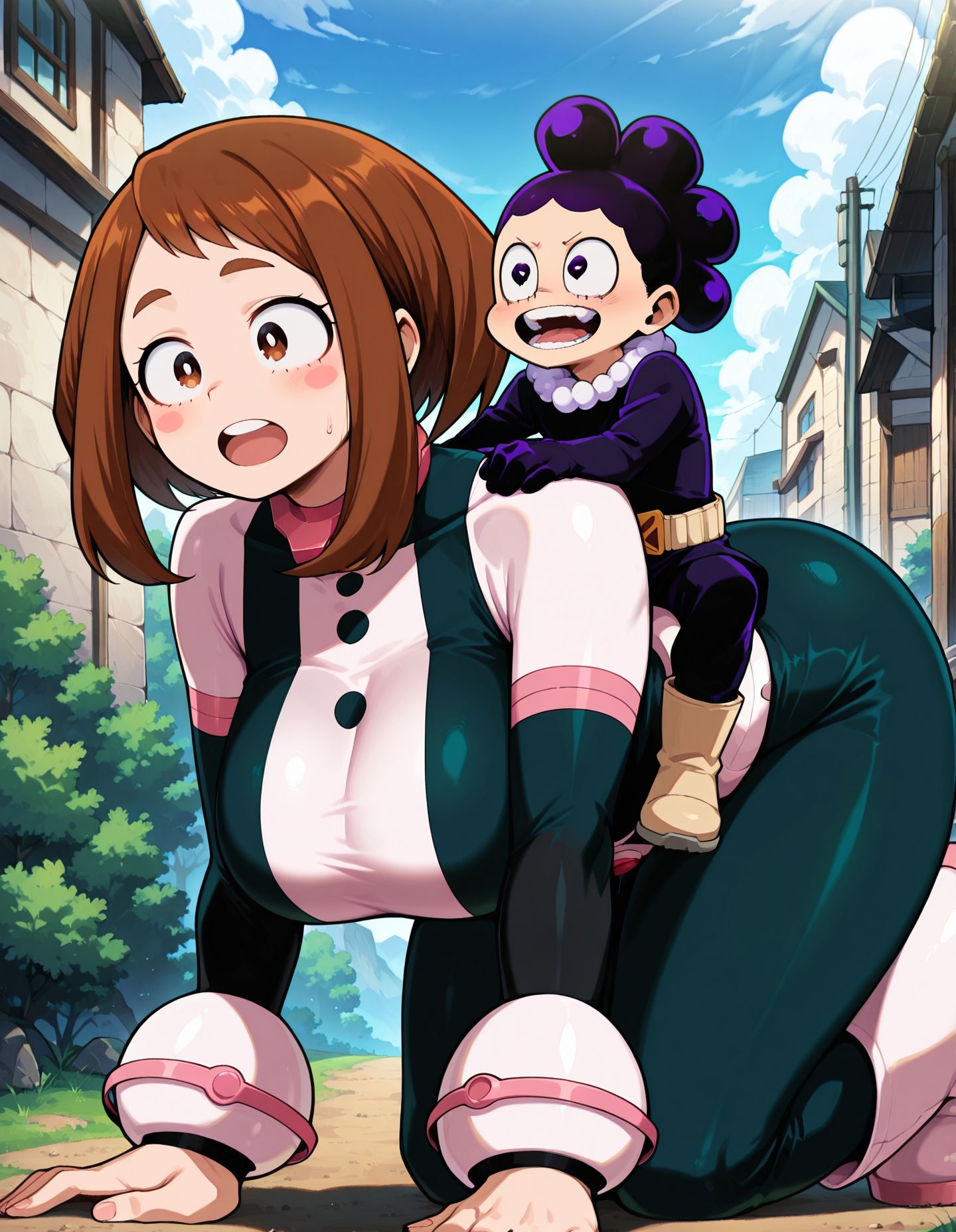 masterpiece, best quality, newest, absurdres, highres, detailed eyes, beautiful, detailed background, perfect eyes, anime coloring, anime screencap,
<lora:Small_Dom_Big_Sub:1>SDBS_V1, 
1girl,  1boy, breasts, open mouth, 
Piggyback Riding on all fours,
small male, huge female, size difference, 
outdoors, day,
boku no hero academia, 
mineta minoru,  20 YO,adult male,
uraraka ochako, 
mature male,