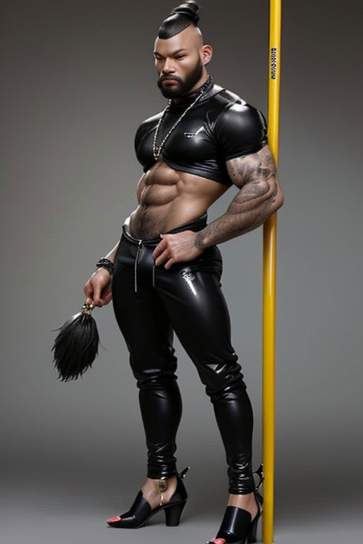 Gay Caucasian man, masculine, hairy, black colour rubber, tight tracksuit, high stiletto heels, chains,  tiny man, hold a spread flag