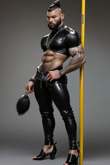 Gay Caucasian man, masculine, hairy, black colour rubber, tight tracksuit, high stiletto heels, chains, tiny man, hold a spread flag
