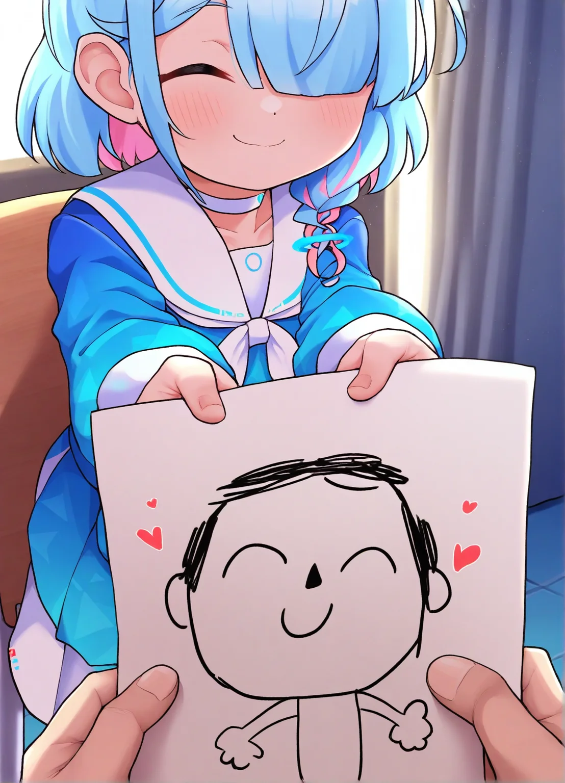 (masterpiece, best quality:1.2), highres, amazing quality, very aesthetic, rating_safe, 2023, solo, kanabun
BREAK
blue archive, doodle sensei, arona, 1girl, blue serafuku, smile, (holding paper:1.1), (heart:1.2), holding drawing, upper body, indoors, closed eyes, school