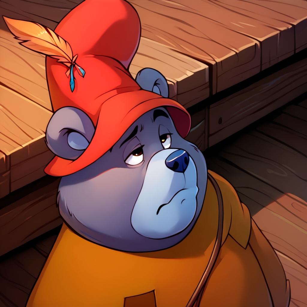 tummigummixl, anthro, solo, male focus, bear, score_9, score_8_up, score_7_up, high quality, masterpiece, best quality, brown tunic, red cap with feather, upper body, detailed background, wooden interior, high-angle view, looking up, half-closed eyes, pout