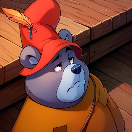 tummigummixl, anthro, solo, male focus, bear, score_9, score_8_up, score_7_up, high quality, masterpiece, best quality, brown tunic, red cap with feather, upper body, detailed background, wooden interior, high-angle view, looking up, half-closed eyes, pout