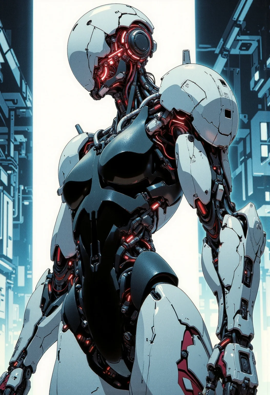 anime, manga, inksketch, studio anime, faceless android. Significant cybernetic augmentation into neck and spine, and a powerful, segmented white-plated robotic arm and hand revealing underlying red wiring/components. the android wears a simple black tank top, revealing toned musculature alongside the cybernetics. The lighting is dramatic and high-contrast, with a bright backlight illuminating parts of her form and casting deep shadows, set against a blurry, cool-toned cityscape. Focus on functional combat cybernetics, intense focus, and gritty bio-mechanical integration.
