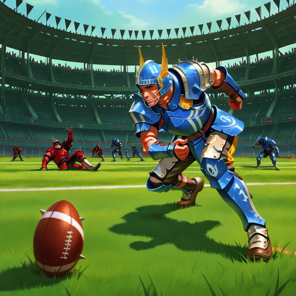 blood bowl style,11 boys,stadium,grass,one ball on the ground,playing,human,armor,
masterpiece, good quality,best quality, ultra-detailed, best illustration, high quality, absurdres, detailed background, very aesthetic, highly detailed, highres, high quality, best quality, Sian art style, official art, game cg,face focus,