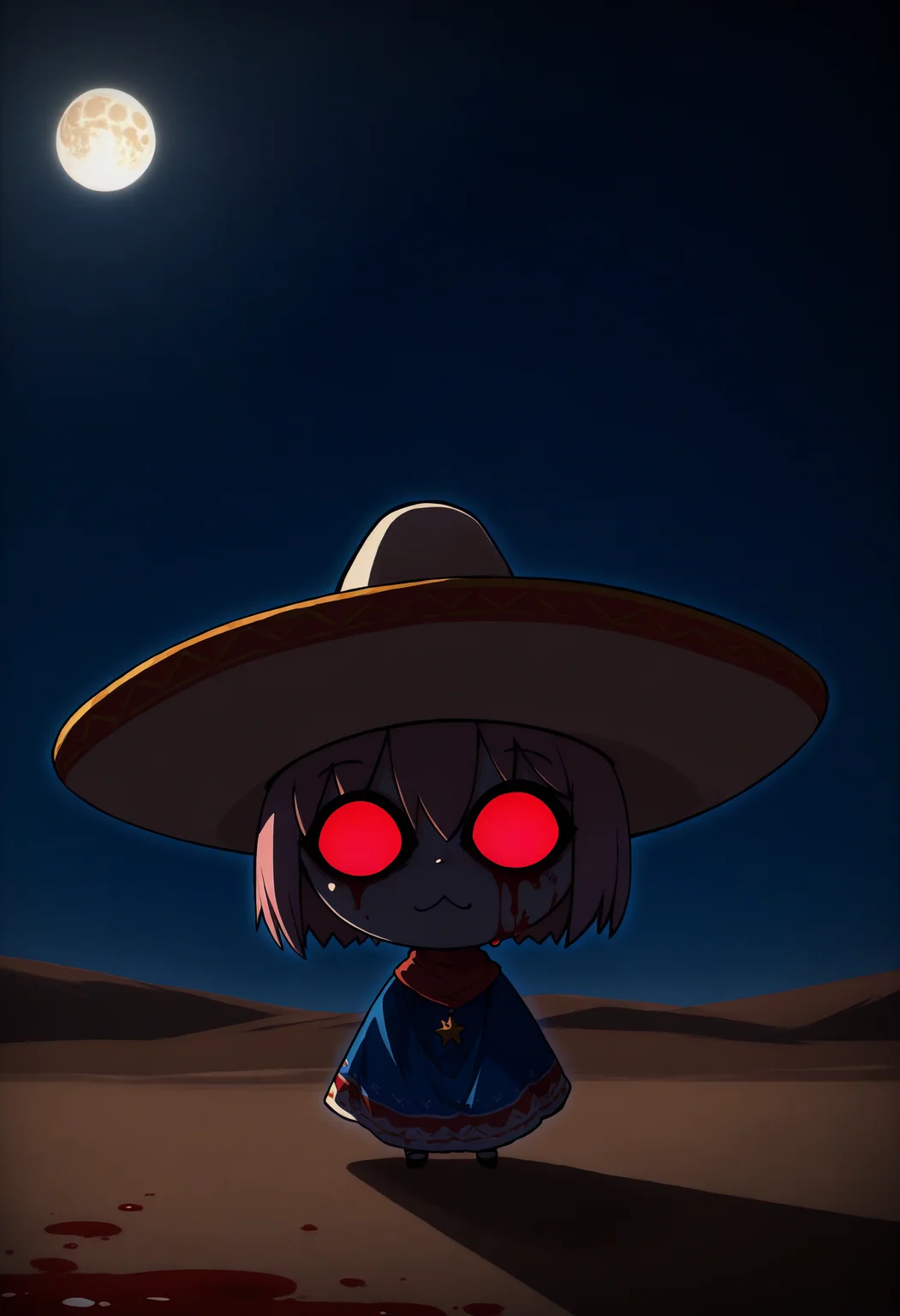 masterpiece, best quality, anime coloring, shiny skin, <lora:antechinusStyle_illusXL_Incrs_v2-000016:1>, 1girl, solo, neco-arc, chibi, blood on face, darkness, horror \(theme\), standing, sombrero, poncho, desert, night, moon, glowing eyes, looking at viewer, very aesthetic, absurdres