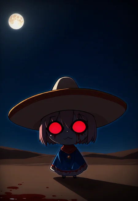 masterpiece, best quality, anime coloring, shiny skin, <lora:antechinusStyle_illusXL_Incrs_v2-000016:1>, 1girl, solo, neco-arc, chibi, blood on face, darkness, horror \(theme\), standing, sombrero, poncho, desert, night, moon, glowing eyes, looking at viewer, very aesthetic, absurdres