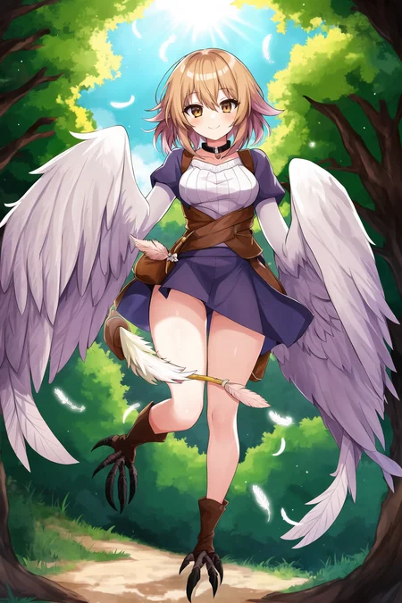 1girl, harpy, feathers, full body, smile,, masterpiece, best quality, masterpiece, <lora:AIOMonstergirlLoRA:1>