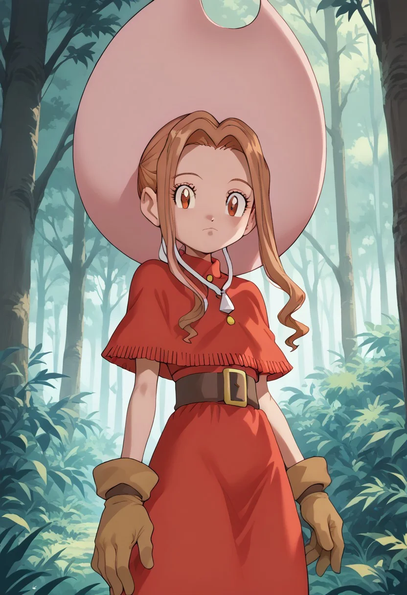 score_9, score_8_up, score_7_up, highres, high quality, digimon, 1girl, mimi, long hair, sidelocks, ponytail, brown eyes, red dress, capelet, brown gloves, belt, skirt, cowboy hat, standing in the forest,