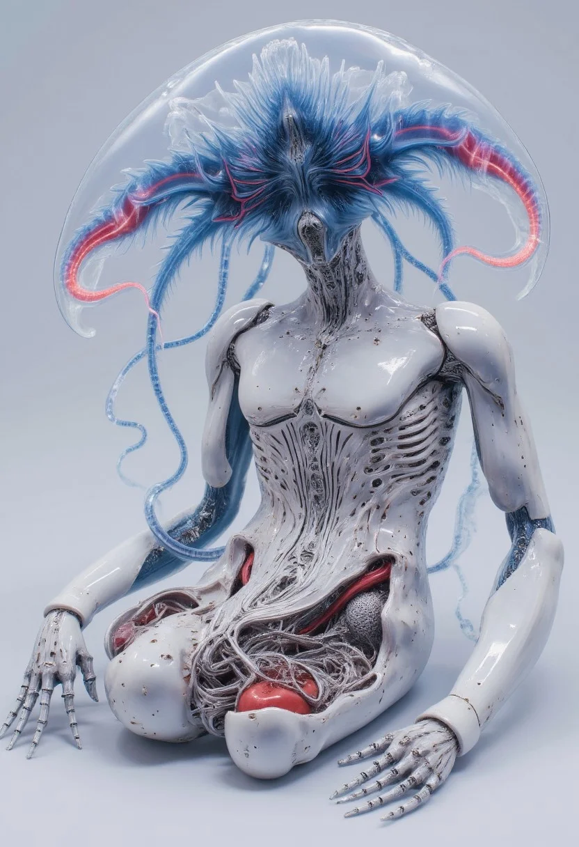 4byss, isometric composition, a humanoid android in a reclined position, its synthetic body seamlessly merging organic jellyfish elements with mechanical components. The figure's porcelain-white synthetic skin is partially deconstructed, revealing an intricate internal structure where mechanical vertebrae and neural cables interweave with translucent, bioluminescent tentacles that pulse with deep blues and vibrant crimsons.