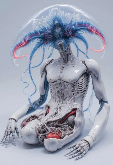4byss, isometric composition, a humanoid android in a reclined position, its synthetic body seamlessly merging organic jellyfish elements with mechanical components. The figure's porcelain-white synthetic skin is partially deconstructed, revealing an intricate internal structure where mechanical vertebrae and neural cables interweave with translucent, bioluminescent tentacles that pulse with deep blues and vibrant crimsons.