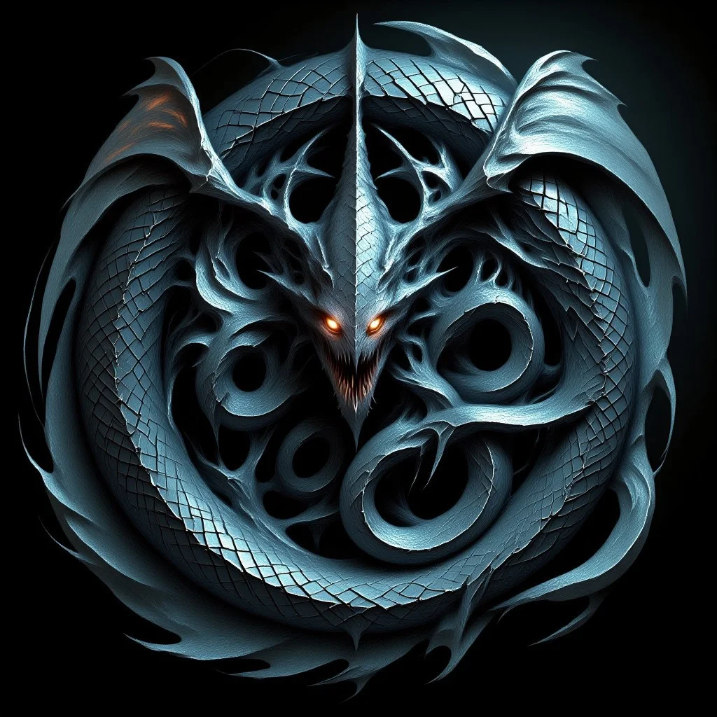 a flying snake, a creature born of dark legends and ancient nightmares. Its elongated body, covered in scales that glisten like polished obsidian, moves with a fluid grace, reflecting faint, eerie glimmers of light that give it an almost ethereal glow.
The snake's wings, leathery and vast, stretch out in stark contrast to its slender, serpentine form. These powerful appendages beat with a whispering, deathly rhythm, propelling the creature effortlessly through the air. Each wing stroke sends a shiver of dread through the forest, as though the very wind fears this beast.
Its eyes are twin orbs of molten gold, burning with an intense, malevolent light. They survey the surroundings with a predatory intelligence, calculating and cold, seeking out the next victim with merciless precision. When it spots its prey, the snake coils in mid-air, a display of impossible agility, before diving with terrifying speed.
As it descends, the creature’s mouth opens wide, revealing long, needle-like fangs that glisten with venom