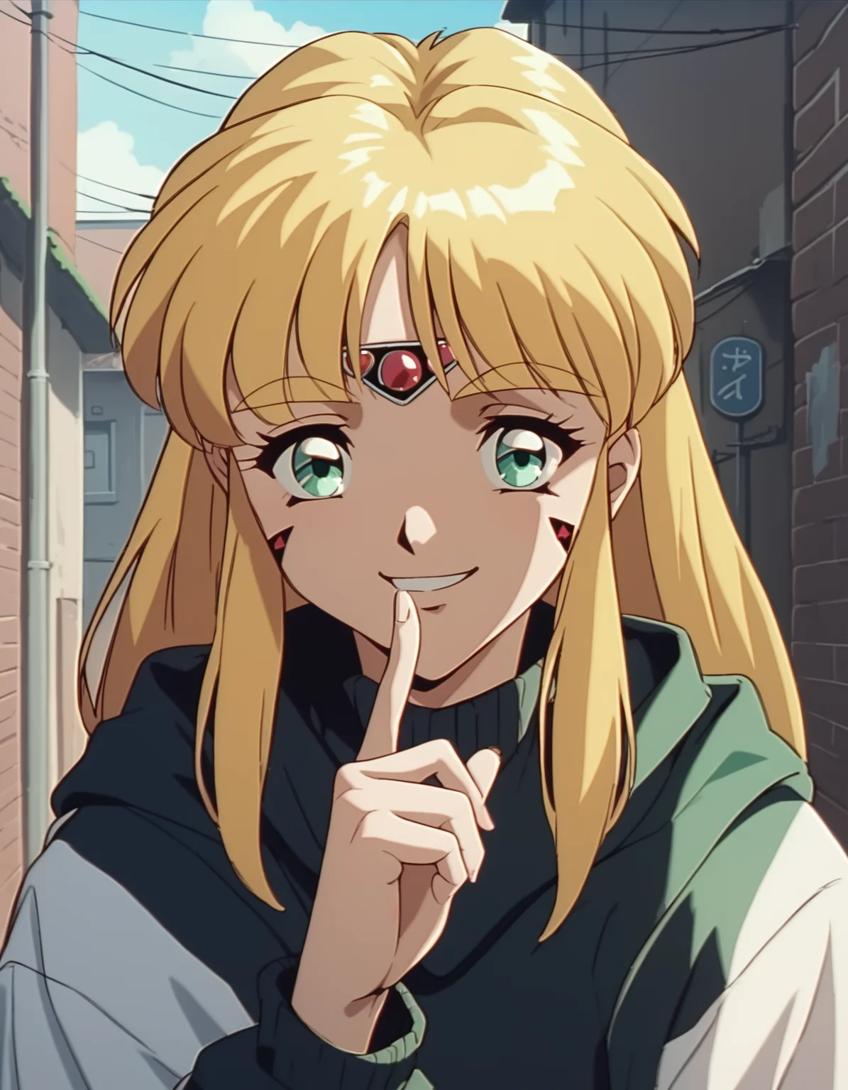 score_9,  score_8_up, score_7_up, source_anime, <lora:karisu-ponyxl:0.9> karisu, facial mark, forehead jewel, streetwear,
1girl, solo, upper body, alley, smile, finger to mouth, shushing
