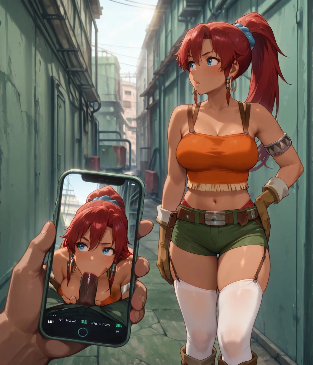 masterpiece,best quality,amazing quality,very aesthetic,absurdres,newest, huge filesize,
<lora:spo_sdxl_10ep_4k-data_lora_webui:0.5>,
<lora:add-detail-xl:1>
<lora:Phone_Exposure:1>phone exposure,
1girl,
hetero,
breasts,
phone,
cellphone,
penis,
1boy,
fellatio,
fellatio in phone,
 bellowssng, bellowscasu, bellows \(suisei no gargantia\), suisei no gargantia, dark-skinned female, blue eyes, hair beads, ponytail, red hair, hoop earrings, orange crop top, midriff, armlet, gloves, red panties, green shorts, panties under shorts, brown belt, garter straps, white thighhighs, brown footwear, standing, hand on hip, looking to the side, industrial background, outdoor, sunlight, day, <lora:SuiseiNoGargantia_Bellows_Illustrious:0.8>