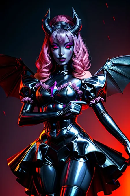 MEvil, DemonicT, EvlSM, Bad_End_Precure, DarkPrecure, adult, evil corrupted princess wearing dark pastel (ruffled:1) (gleaming latex:1) gown with (long latex cape:1) and latex elbow gauntlets, soft lighting, ruffles,
(makeup, lipstick, mascara, eyeshadow),
(blue skin, black sclera, colored sclera, colored skin, yellow eyes, demon wings, demon horns, slit pupils),
(red eyes, colored skin, glowing eyes, evil smile),
<lora:more_details:1>,