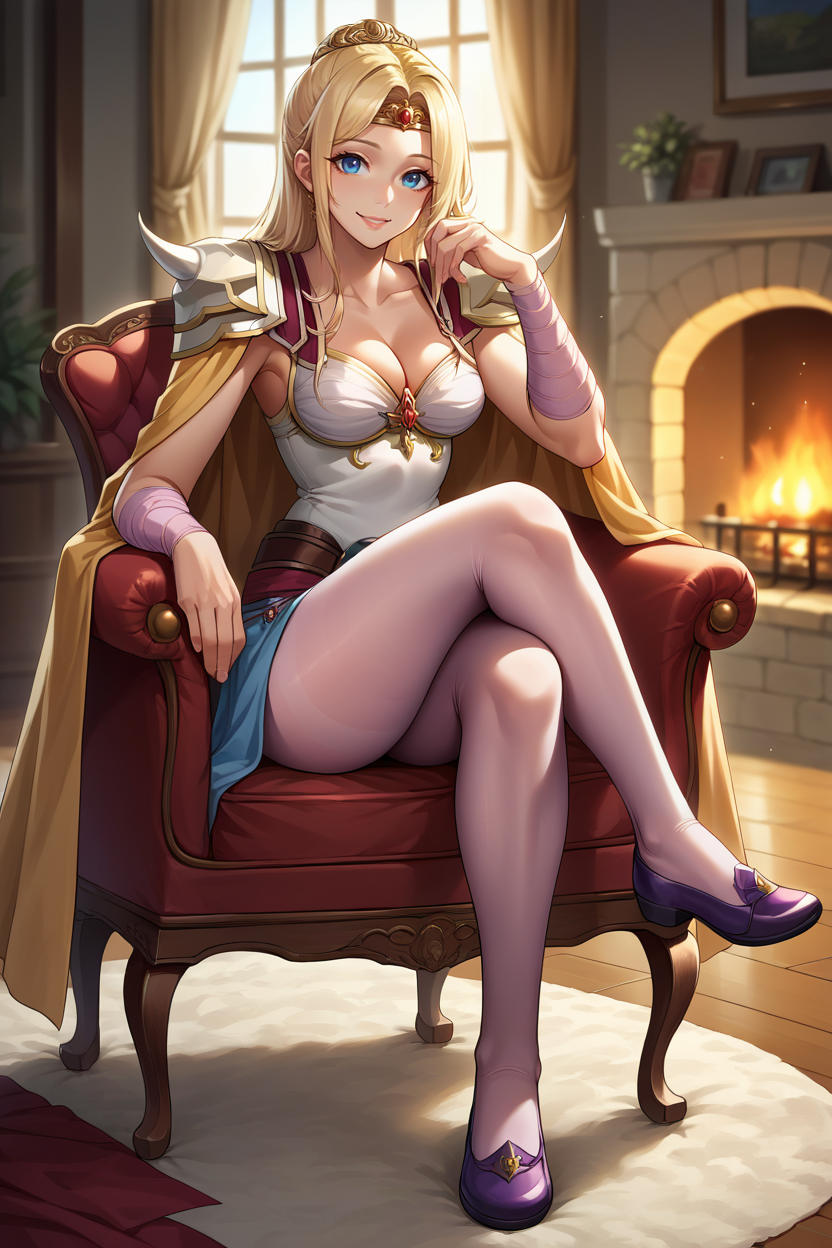 score_9, score_8_up, score_7_up, score_6_up, source_anime, BREAK 1girl, solo,  <lora:ff4rosa-pdxl-nvwls-v1-000005:1> ff4ros, blonde hair, blue eyes, circlet, cape, cleavage, shoulder armor, camisole, clothes around waist, pink pantyhose, sitting, fancy chair, fireplace, looking at you, smile, happy, crossed legs, purple shoes