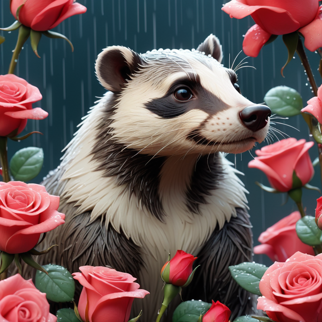 best quality, Striking Retrofuturistic Badger, highly detailed, Roses background, Raining, designed by William Morris, (Mike Kelley:1.3) , Regret, Tenebrism, Beautifully Lit, Velvia, Bright design, Plain white background