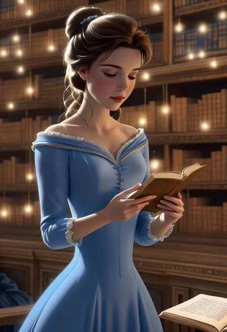 Realistic, , Belle, blue dress, reading, original style, majestic