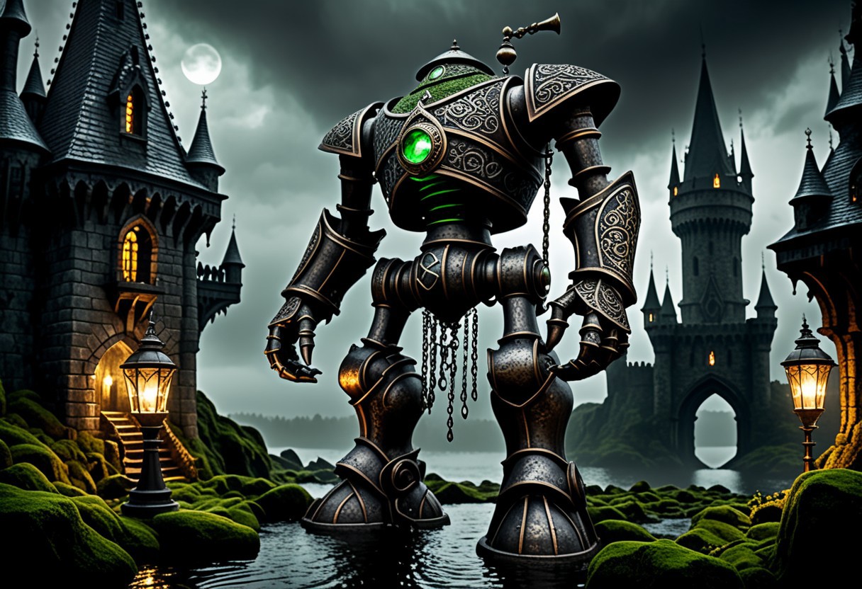 giant bipedal robot dirty dark silver and dark green, bronze paisley robot. lacy robot metal kettle head. outside of a steampunk keep. large detailed torso. dark image. one forty foot tall ancient robot with great arms and two heavy spring legs. dark foggy night background. $dark foggy night image only. dark photo realistic image. steampunk details. cogs, chains and pipes incorporated in the fantasy buildings. magic wizards tower in background. Dark swamp, moss, castle ruins, wizards tower. stormy dark night.  stormy sky.