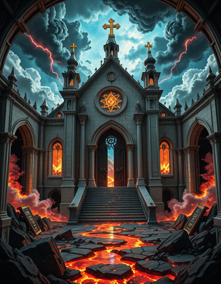 A once-majestic celestial temple, now under siege by the forces of Hell. The grand white stone structure is cracked and scorched, its golden crosses twisted and broken. The stained-glass windows, once glowing with warm divine light, are now shattered, with demonic symbols glowing ominously in their place. The sky, once a serene blue, is now consumed by dark storm clouds, swirling with red lightning and thick smoke.
Black, jagged chains extend from the sky, wrapping around the temple as if trying to pull it down into the abyss. The once-fluffy clouds beneath the structure are now a chaotic mix of fire, ash, and dark mist, with glimpses of molten lava cracks below. Infernal creatures with glowing red eyes lurk in the shadows, their silhouettes barely visible through the smoke and fire.
The temple doors are blown open, revealing an eerie red glow emanating from within, as if Hell itself is consuming the sacred space. Massive demonic runes are etched into the stone, pulsating with an unholy energy. The entire scene is bathed in a deep crimson and orange glow, giving it an apocalyptic and nightmarish atmosphere.
Style & Lighting:
- Dark fantasy, highly detailed
- Dramatic, high-contrast lighting with fiery glows
- Cinematic composition, epic scale
- Strong use of shadows, embers, and atmospheric foghighly detailed and atmospheric view from inside a massive birdcage, large enough for a human to stand inside. The cage is made of ornate, aged metal bars with intricate Victorian-style patterns, curving elegantly towards the domed ceiling. Sunlight filters through the gaps between the bars, casting long, dramatic shadows on the wooden floor. Delicate vines and small flowers have begun to grow around the bars, adding a touch of nature reclaiming the space. The background beyond the cage is blurred, hinting at a lush garden or a mysterious, abandoned mansion. The ambiance is serene yet slightly melancholic, with warm golden light illuminating dust particles floating in the air. Soft feathers are scattered on the floor, adding to the sense of quiet abandonment. The perspective makes the viewer feel as if they are inside the cage, looking outward, surrounded by both beauty and confinement. The style is highly detailed and realistic, with a cinematic and slightly surreal atmosphere.
<lora:SDXLFaeTastic2400:0.4> <lora:extremely_detailed:0.4> extremely detailed, <lora:evil_celestial_t3mpl3-i:1>,evil celestial t3mpl3, Masterpiece,best quality,hi res,8k,hi res,8k,award winning,(sharp focus, intricate, highly detailed),