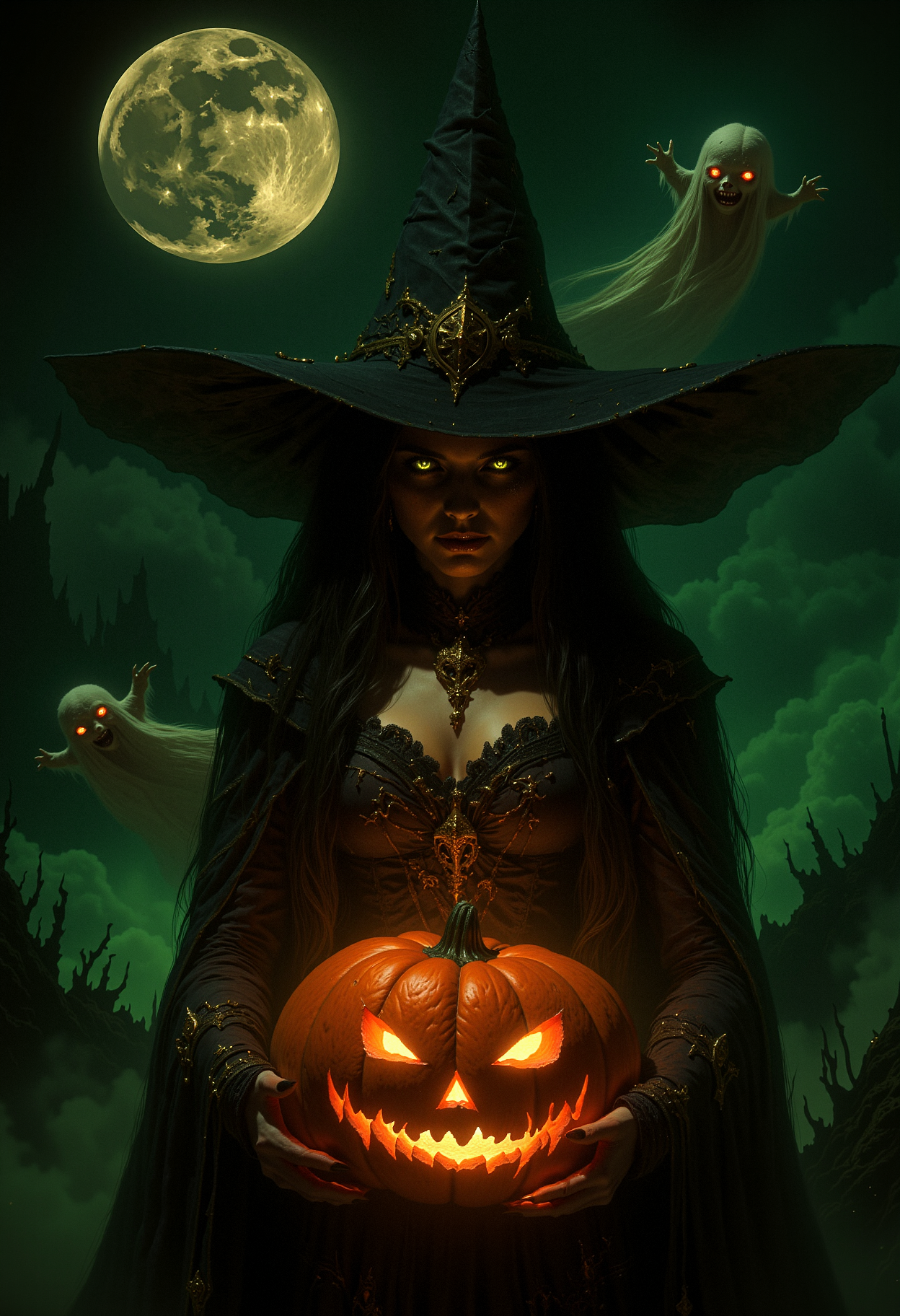 A dark-haired witch with a large, pointed black hat stands at the center, holding a glowing carved pumpkin with a classic jack-o'-lantern face. Her long, wavy black hair flows past her shoulders, partially covering a gothic-style dress with intricate lace details around the collar and sleeves. Her eyes are glowing orange, matching the glow of the pumpkin. Two small ghostly spirits float near her, one on each side of the pumpkin, their expressions eerie and playful. The background is a glowing green, with a large full moon casting an ominous light, surrounded by swirling wisps of fog. The scene has a dark, magical atmosphere with vibrant contrasts between the green background and the orange glow from the pumpkin.  <lora:dark_fantasy_flux:0.83> <lora:FredFraiStyle-FLUX-Share:0.63> <lora:sxz-Dark-Fantasy-v2-Flux:0.33> drkfnts style, <lora:flux.1_lora_flyway_Epic-Characters_v1:0.43>