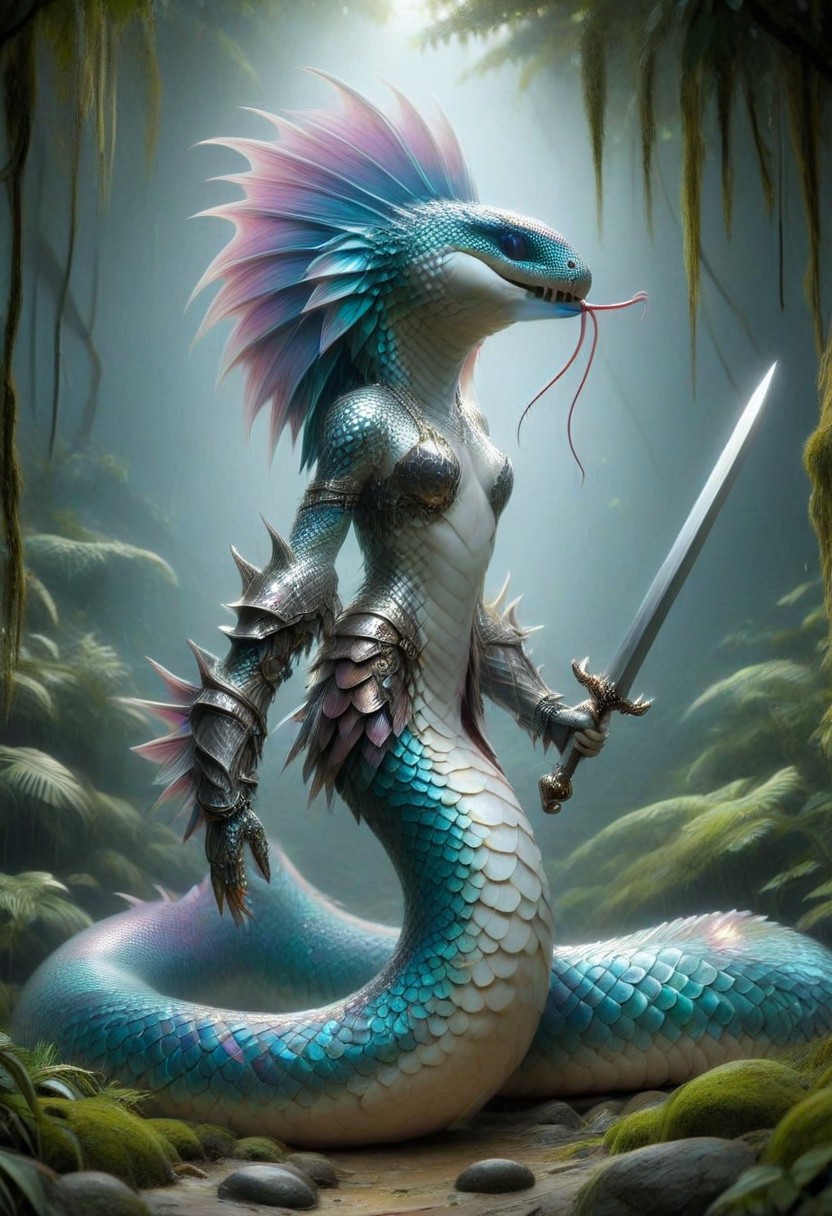 naga, p1nk1r1sc4l3s, holding a sword, made out of iridescent scales, armor