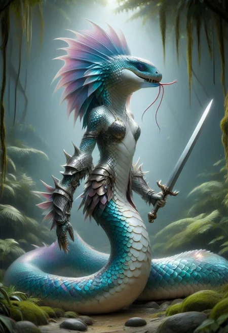 naga, p1nk1r1sc4l3s, holding a sword, made out of iridescent scales, armor