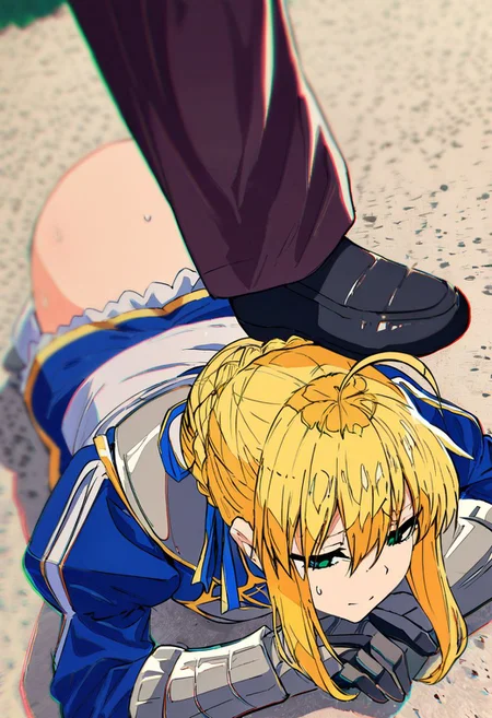 masterpiece, best quality, absurdres, very authentic, 1girl, solo, full body, from above, (single leg stepped on head:1.2), artoria pendragon \(fate\), saber, blonde hair, green eyes, ahoge, sidelocks, hair bun, single hair bun, braid, dress, ribbon, hair ribbon, armor, gauntlets, armored dress, all fours, dogeza, looking down, furrowed brow, half-closed eyes, sweat drop, traditional media, outdoors, day, sunbeam, chromatic aberration, depth of field, <lora:SteppedOnHead-anxl31:0.65>, <lora:ç¦è¶_XL:0.7>,