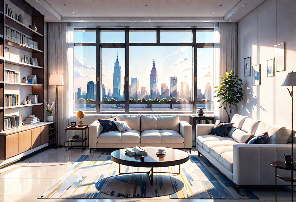 ((front view)), Shallow scene, ((animation style)), modern-style interior, with white walls, (large windows), a  study, Sofa, coffee table, bookcase, single wall, 
warm light morning sun, ((City high-rise building scenery)), (clear sky)